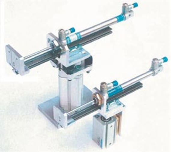 profile rail guides on two handling devices
